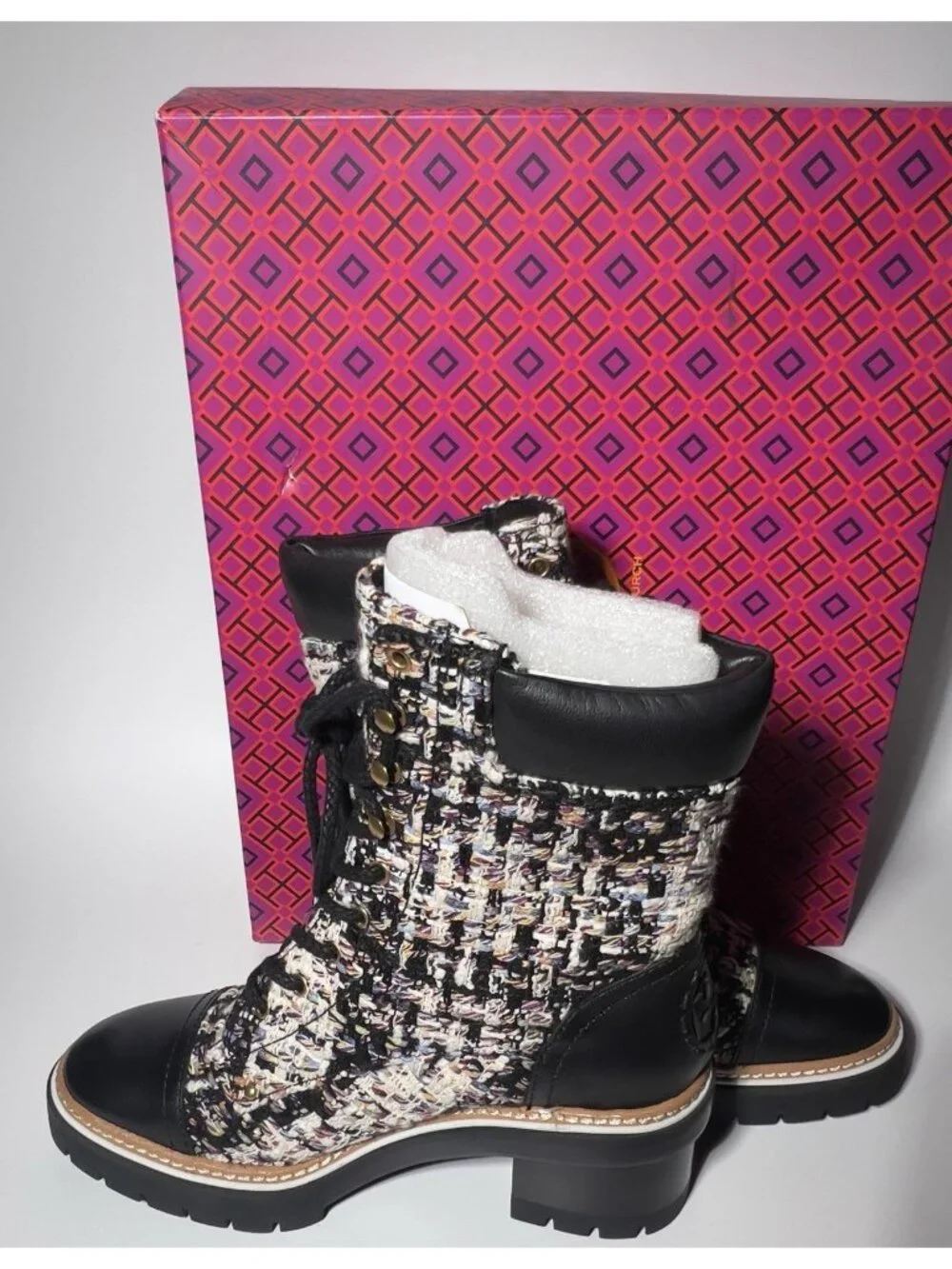 Tory Burch Tweed Leather Lace-Up Ankle Boots Women’s 7.5 New in Box